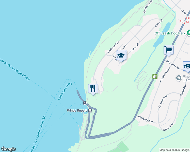 map of restaurants, bars, coffee shops, grocery stores, and more near 2129 Graham Avenue in Prince Rupert
