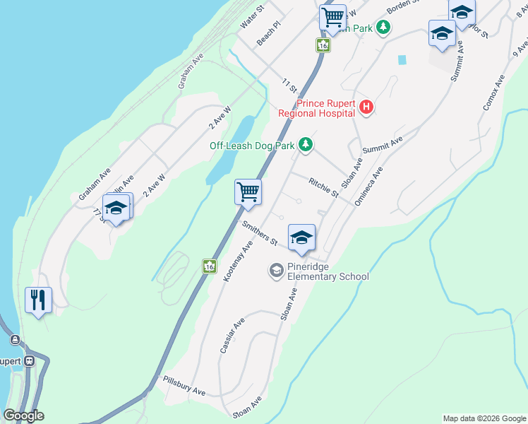 map of restaurants, bars, coffee shops, grocery stores, and more near 1620 Kootenay Avenue in Prince Rupert