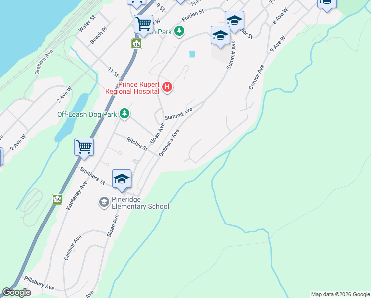 map of restaurants, bars, coffee shops, grocery stores, and more near 87 Haysvale Drive in Prince Rupert