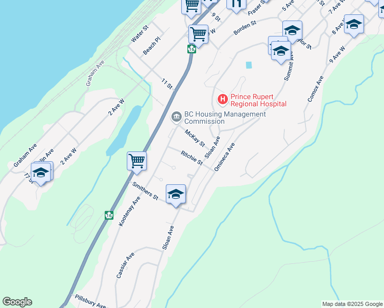 map of restaurants, bars, coffee shops, grocery stores, and more near 701 Ritchie Street in Prince Rupert