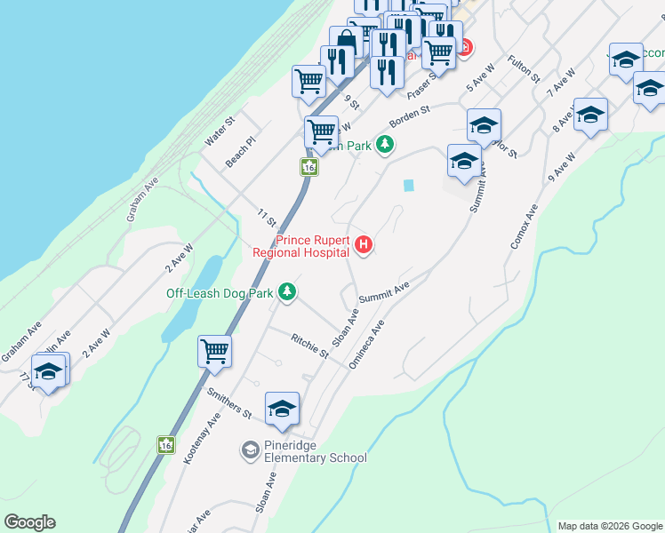 map of restaurants, bars, coffee shops, grocery stores, and more near Summit Avenue in Prince Rupert