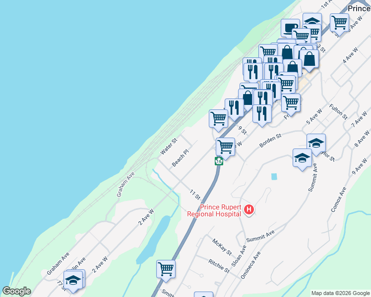 map of restaurants, bars, coffee shops, grocery stores, and more near 1208 Beach Place in Prince Rupert
