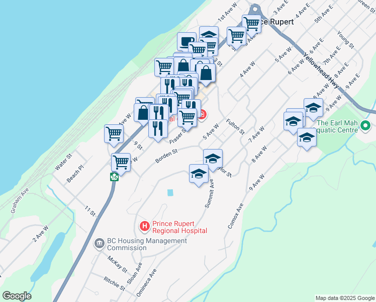 map of restaurants, bars, coffee shops, grocery stores, and more near 823 Borden Street in Prince Rupert