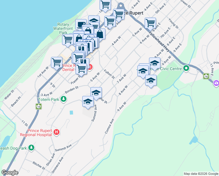 map of restaurants, bars, coffee shops, grocery stores, and more near 616 7 Avenue West in Prince Rupert