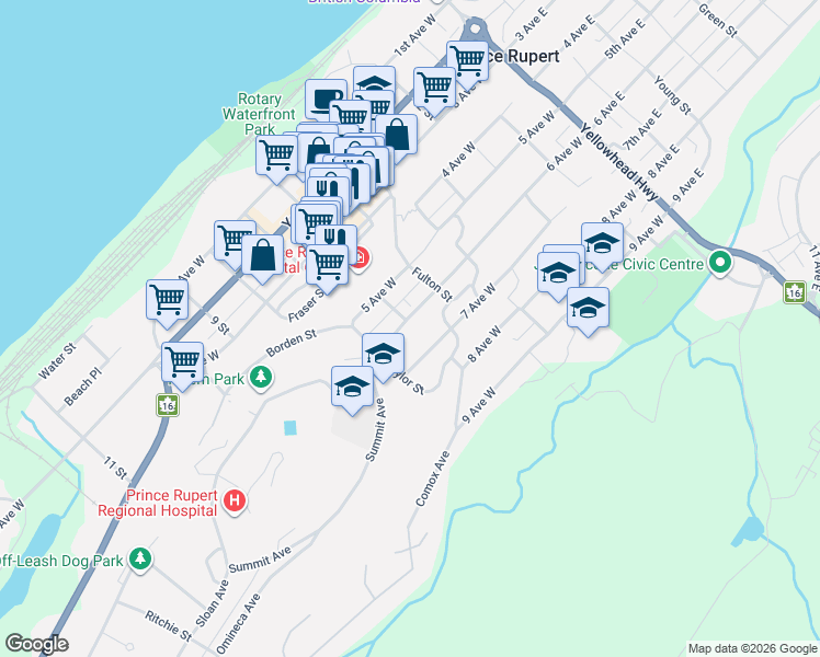 map of restaurants, bars, coffee shops, grocery stores, and more near 707 6 Avenue West in Prince Rupert