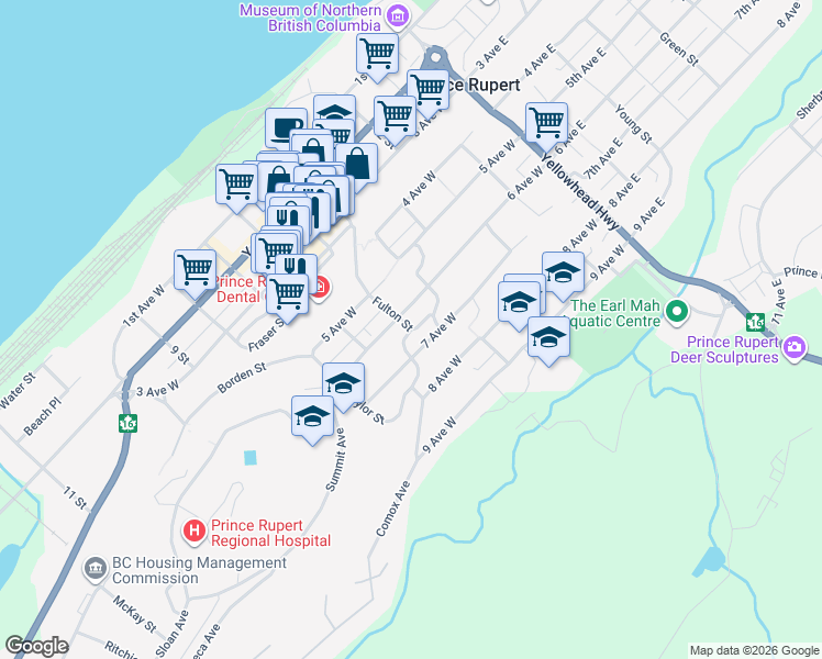 map of restaurants, bars, coffee shops, grocery stores, and more near 801 Fulton Street in Prince Rupert