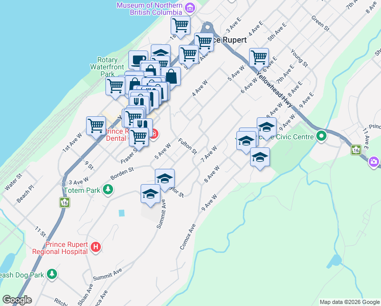map of restaurants, bars, coffee shops, grocery stores, and more near 601 6 Avenue West in Prince Rupert