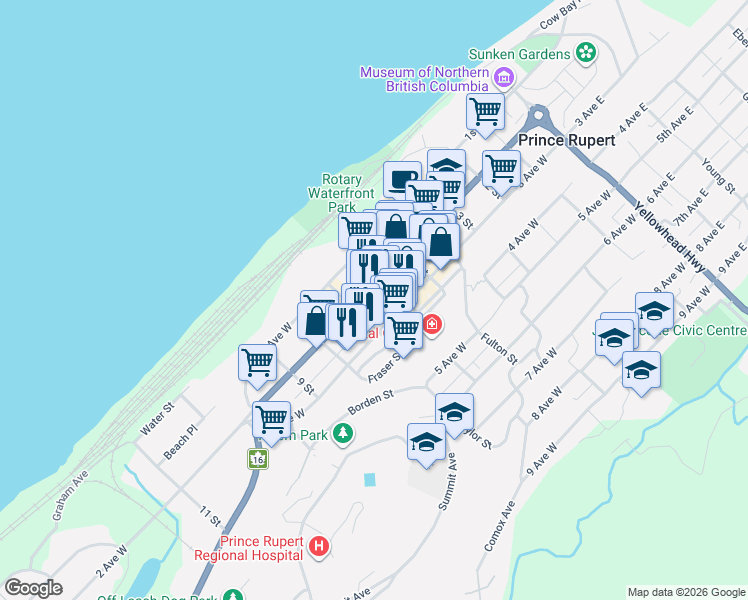 map of restaurants, bars, coffee shops, grocery stores, and more near 727 2 Avenue West in Prince Rupert