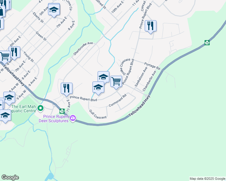 map of restaurants, bars, coffee shops, grocery stores, and more near 265 Prince Rupert Boulevard in Prince Rupert