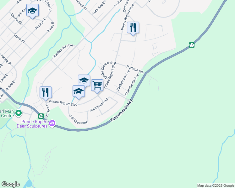 map of restaurants, bars, coffee shops, grocery stores, and more near Prince George Street in Prince Rupert