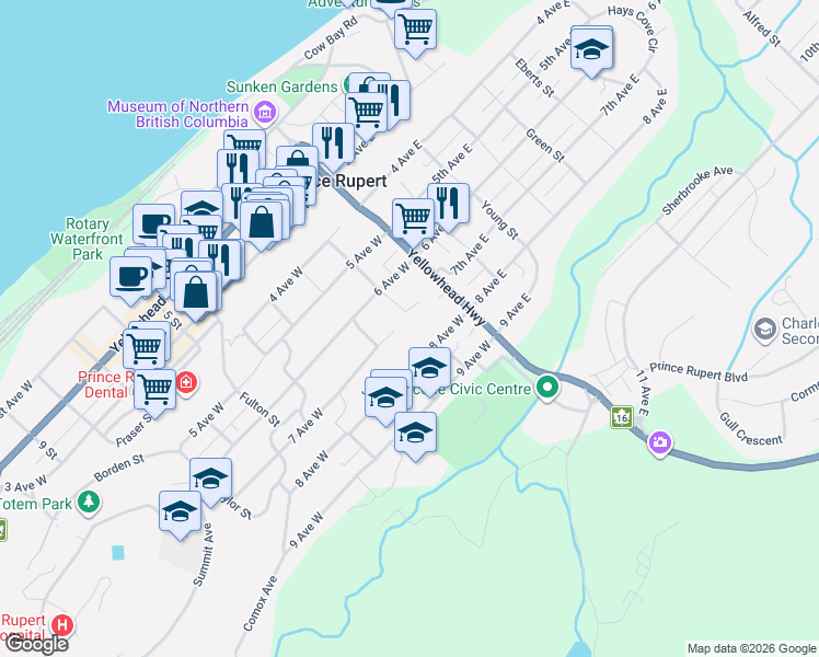 map of restaurants, bars, coffee shops, grocery stores, and more near 209 7 Avenue West in Prince Rupert