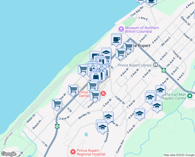 map of restaurants, bars, coffee shops, grocery stores, and more near 601 2 Avenue West in Prince Rupert