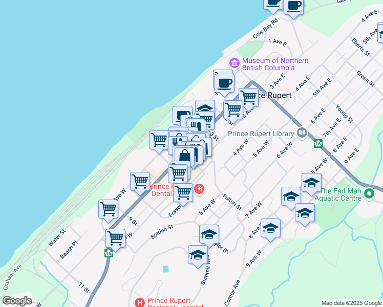 map of restaurants, bars, coffee shops, grocery stores, and more near 601 2 Avenue West in Prince Rupert