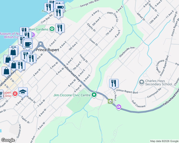 map of restaurants, bars, coffee shops, grocery stores, and more near 219 9 Avenue East in Prince Rupert