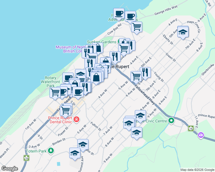 map of restaurants, bars, coffee shops, grocery stores, and more near 232 4 Avenue West in Prince Rupert