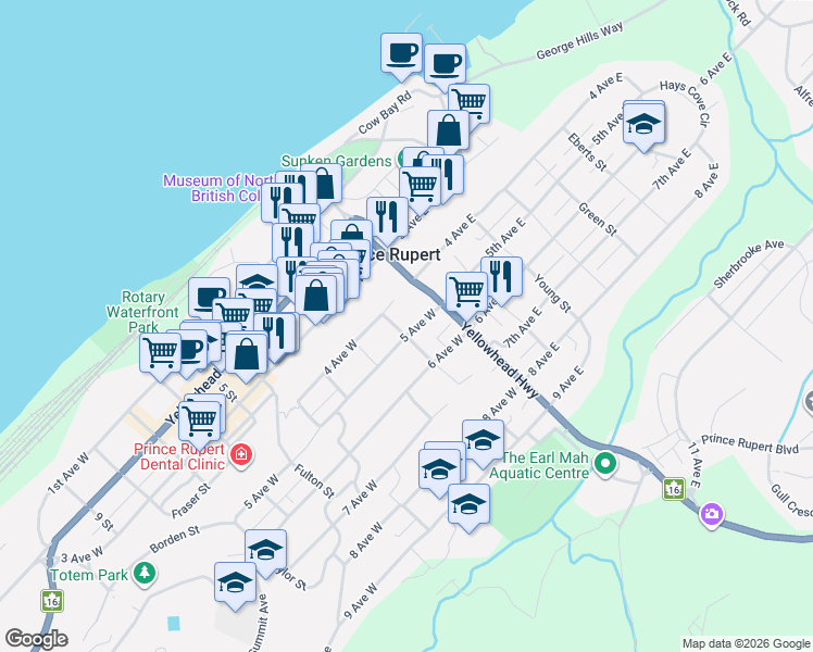 map of restaurants, bars, coffee shops, grocery stores, and more near 421 Dunsmuir Street in Prince Rupert