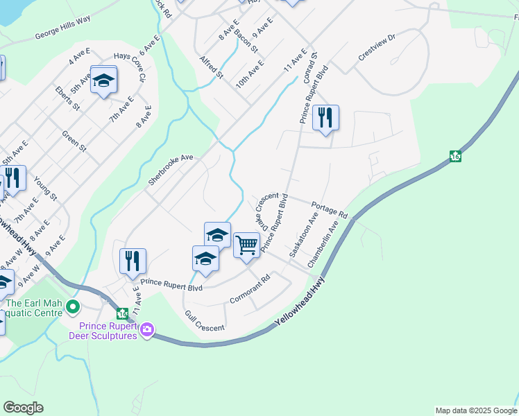 map of restaurants, bars, coffee shops, grocery stores, and more near Drake Crescent in Prince Rupert