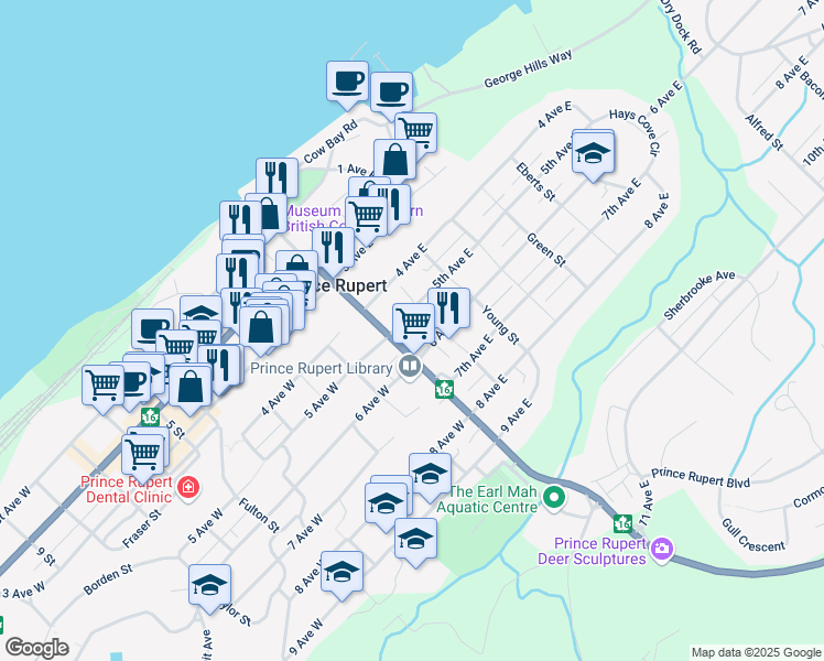 map of restaurants, bars, coffee shops, grocery stores, and more near 501 McBride Street in Prince Rupert