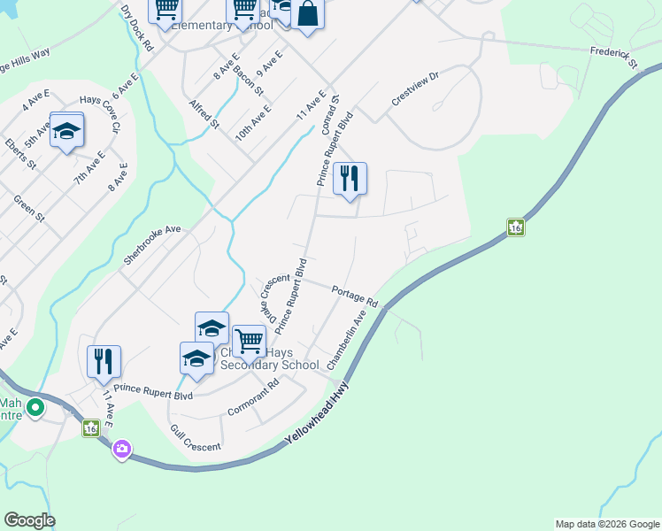 map of restaurants, bars, coffee shops, grocery stores, and more near 840 Prince Rupert Boulevard in Prince Rupert
