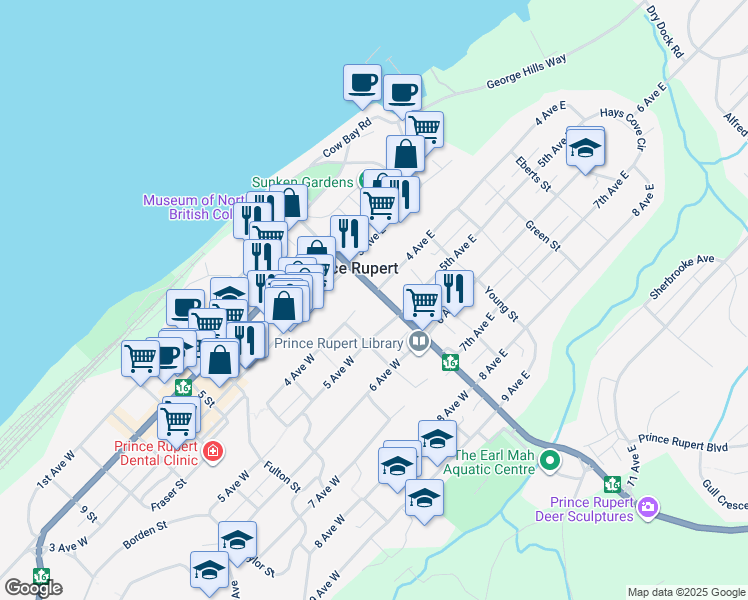map of restaurants, bars, coffee shops, grocery stores, and more near 412 McBride Street in Prince Rupert