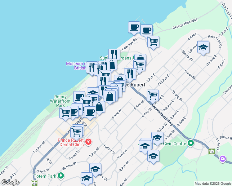map of restaurants, bars, coffee shops, grocery stores, and more near 200 3 Avenue West in Prince Rupert