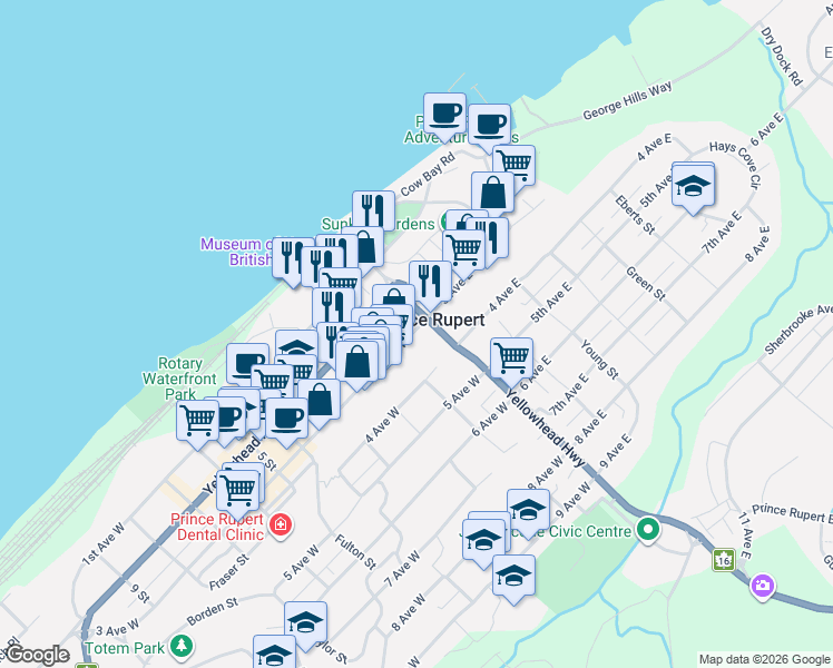 map of restaurants, bars, coffee shops, grocery stores, and more near 243 3 Avenue West in Prince Rupert