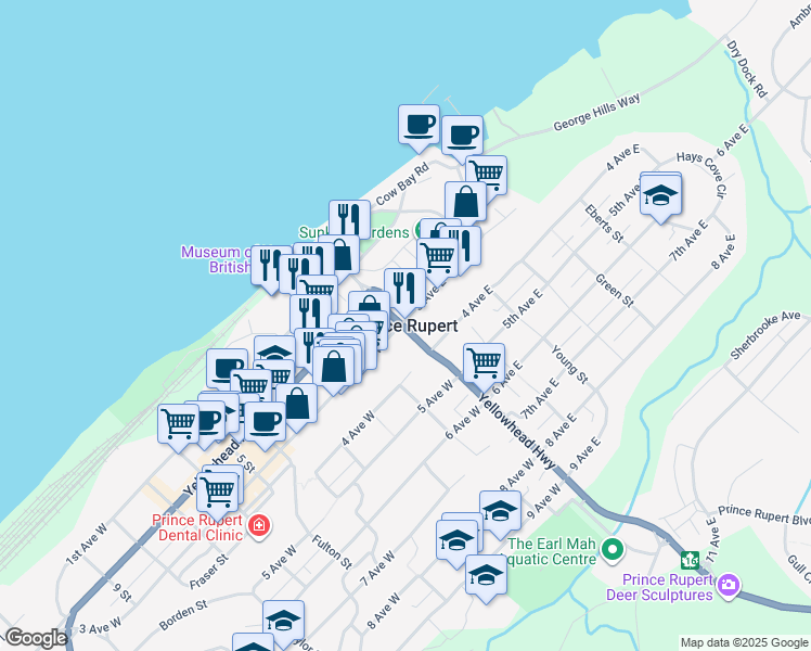 map of restaurants, bars, coffee shops, grocery stores, and more near in Prince Rupert