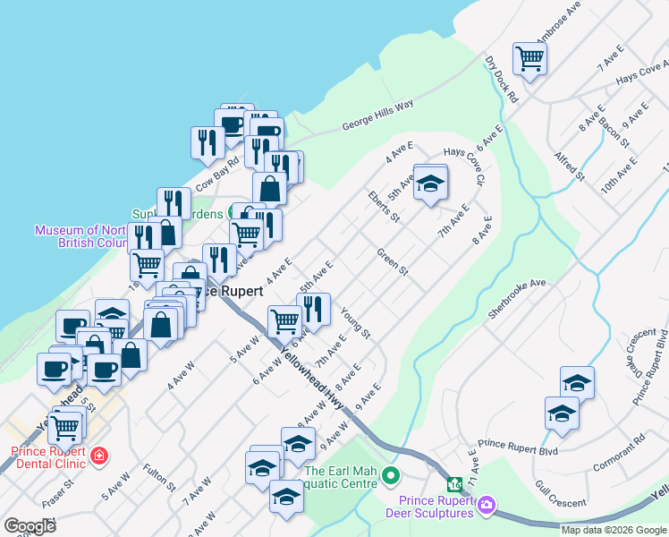 map of restaurants, bars, coffee shops, grocery stores, and more near 332 5th Avenue East in Prince Rupert