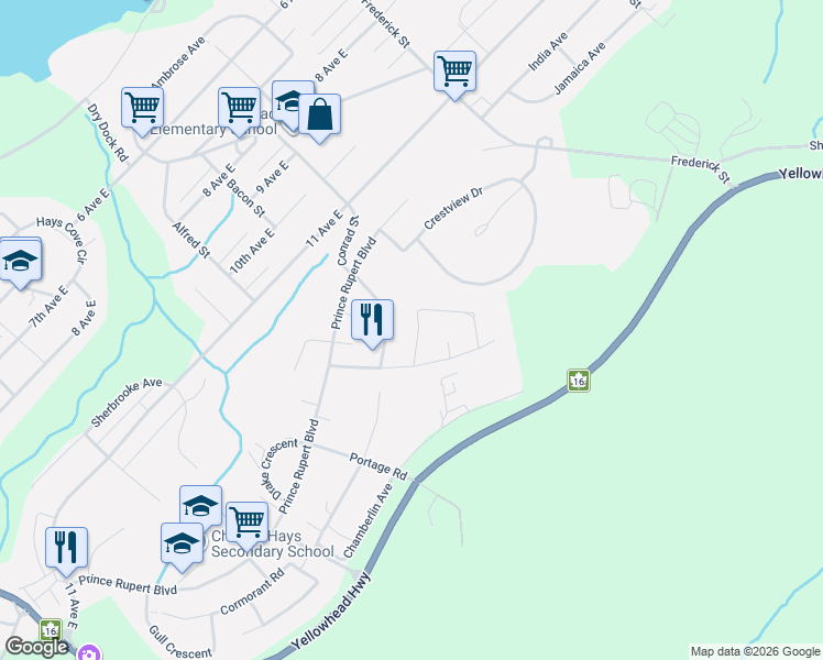 map of restaurants, bars, coffee shops, grocery stores, and more near 1033 Eagle Drive in Prince Rupert