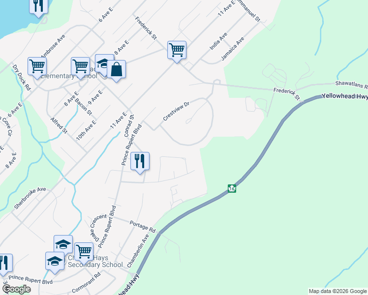 map of restaurants, bars, coffee shops, grocery stores, and more near 217 Crestview Drive in Prince Rupert