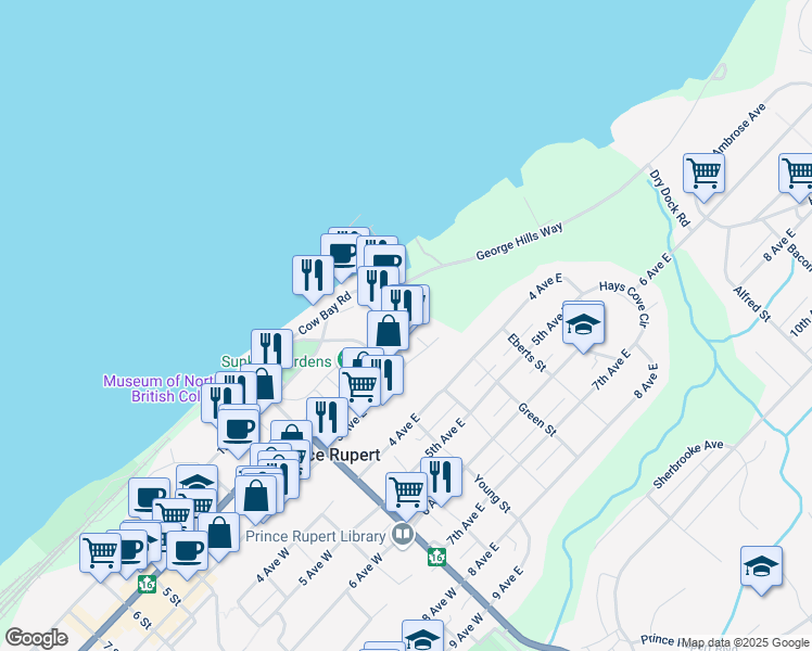 map of restaurants, bars, coffee shops, grocery stores, and more near 7 Cow Bay Road in Prince Rupert