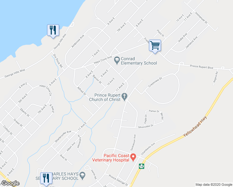 map of restaurants, bars, coffee shops, grocery stores, and more near 988 11 Avenue East in Prince Rupert
