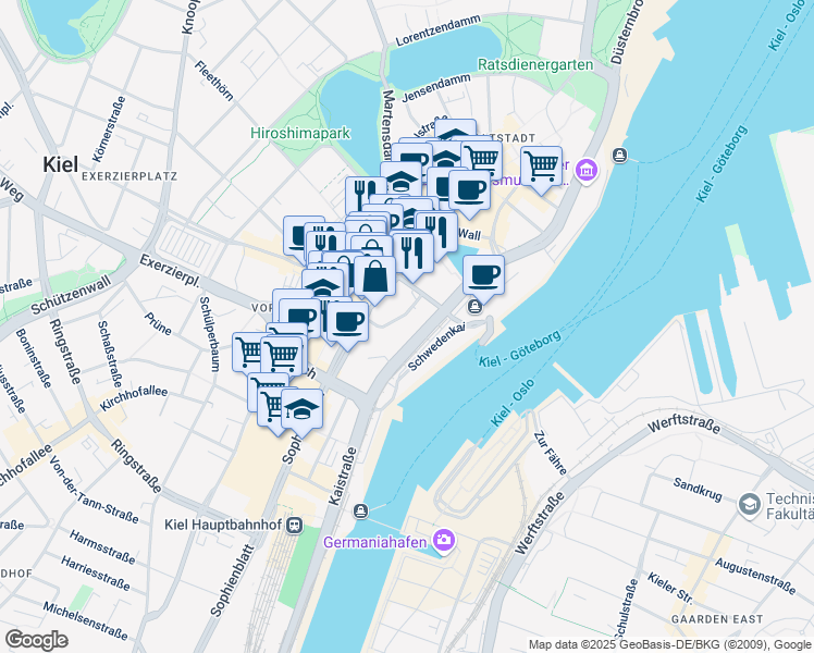 map of restaurants, bars, coffee shops, grocery stores, and more near 7 Fabrikstraße in Kiel