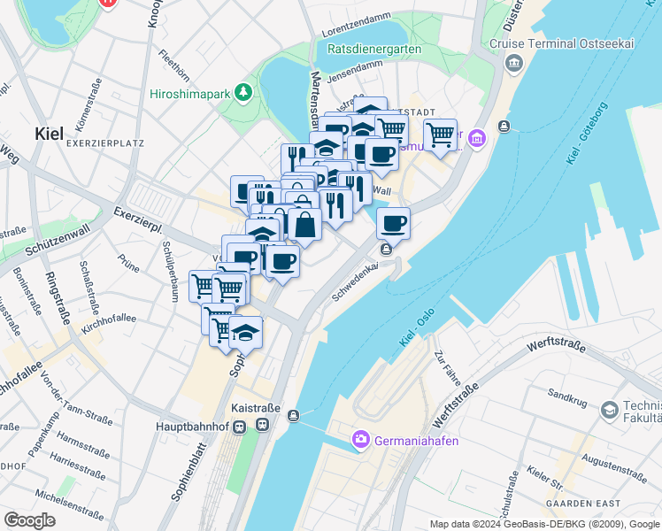 map of restaurants, bars, coffee shops, grocery stores, and more near 7 Fabrikstraße in Kiel