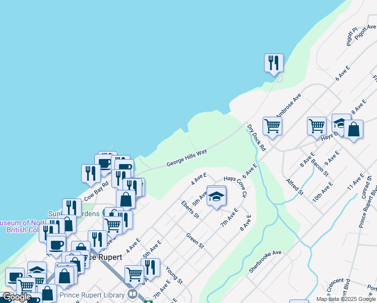 map of restaurants, bars, coffee shops, grocery stores, and more near 155 George Hills Way in Prince Rupert