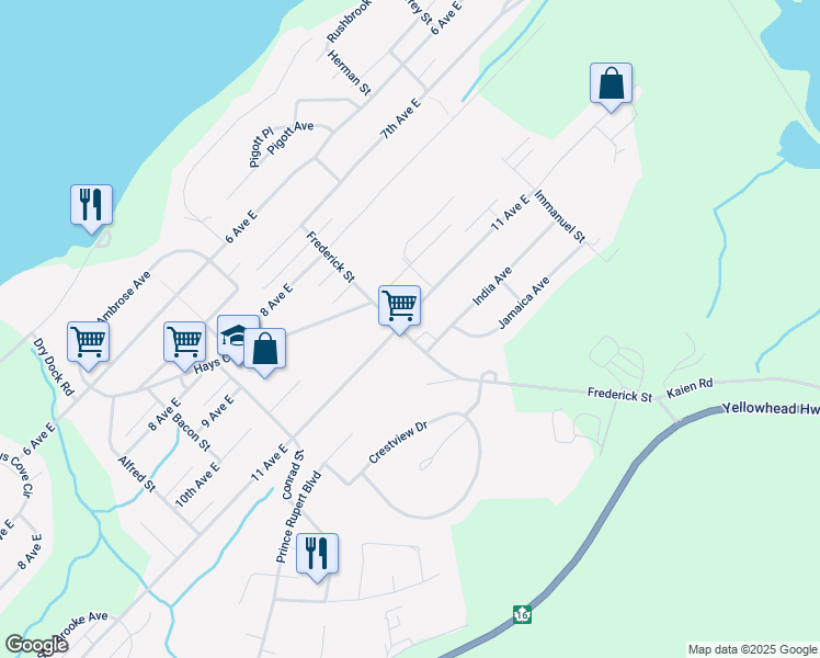 map of restaurants, bars, coffee shops, grocery stores, and more near 1123 Frederick Street in Prince Rupert