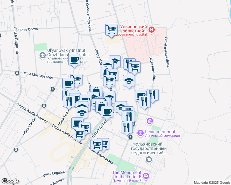 map of restaurants, bars, coffee shops, grocery stores, and more near 4 ulitsa Krasnoarmeyskaya in Ulyanovsk