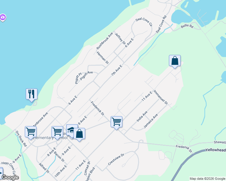 map of restaurants, bars, coffee shops, grocery stores, and more near 1532 8 Avenue East in Prince Rupert