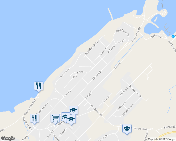 map of restaurants, bars, coffee shops, grocery stores, and more near 1541 6 Avenue East in Prince Rupert