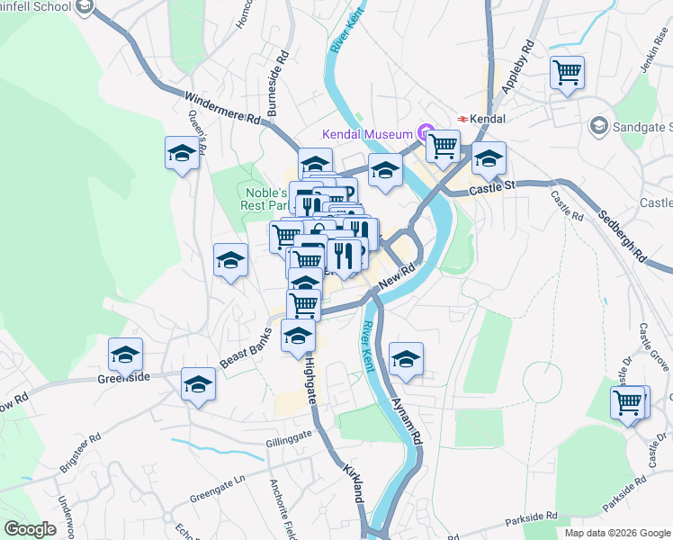map of restaurants, bars, coffee shops, grocery stores, and more near in Kendal