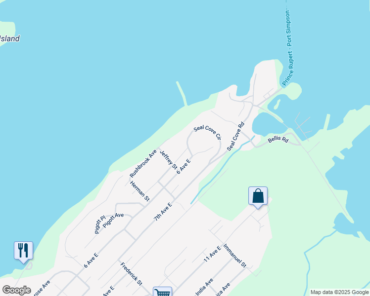 map of restaurants, bars, coffee shops, grocery stores, and more near 2025 Seal Cove Circle in Prince Rupert