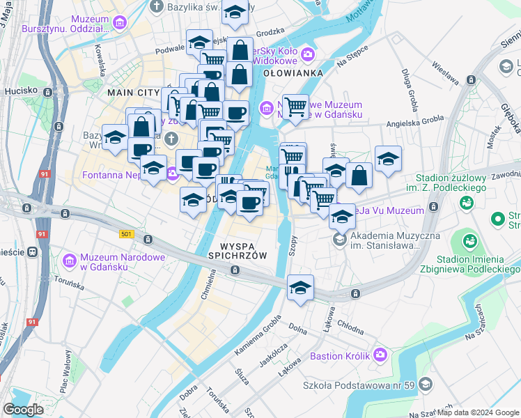 map of restaurants, bars, coffee shops, grocery stores, and more near 26 Stągiewna in Gdańsk