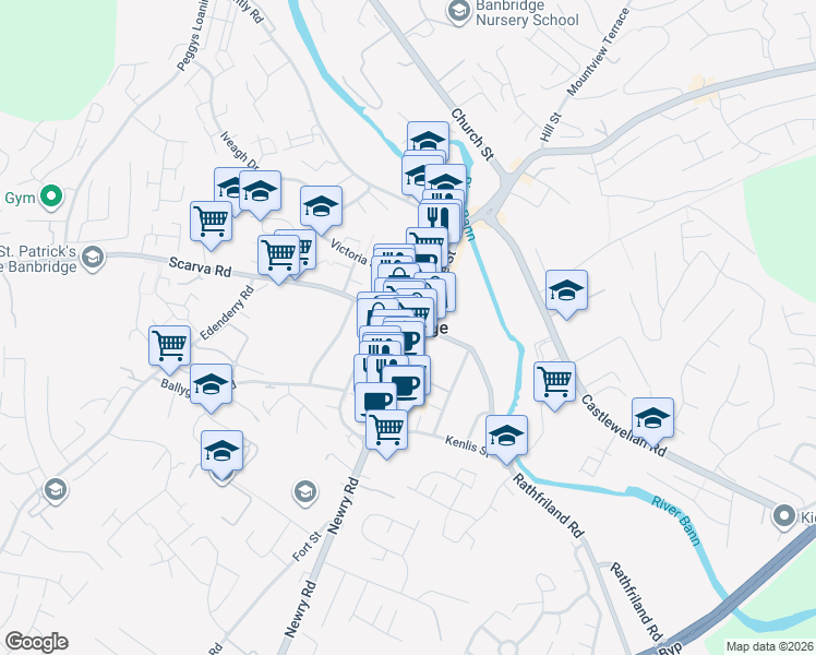 map of restaurants, bars, coffee shops, grocery stores, and more near in Banbridge