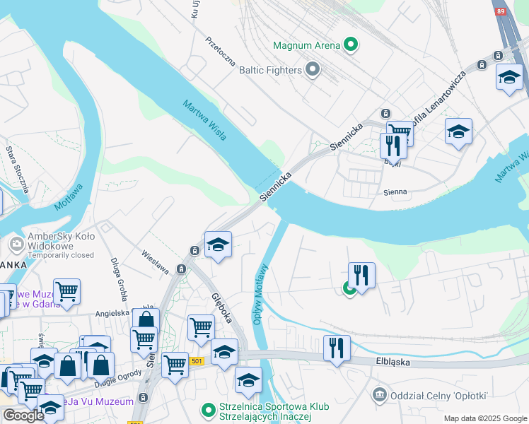 map of restaurants, bars, coffee shops, grocery stores, and more near 5 Siennicka in Gdańsk