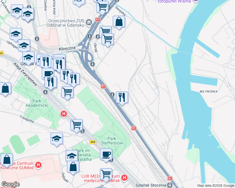 map of restaurants, bars, coffee shops, grocery stores, and more near 163 Marynarki Polskiej in Gdańsk