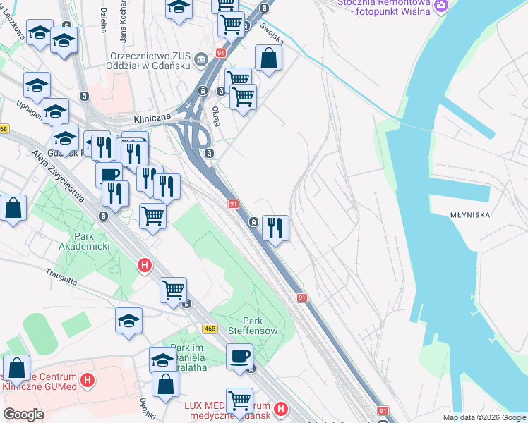 map of restaurants, bars, coffee shops, grocery stores, and more near 163 Marynarki Polskiej in Gdańsk
