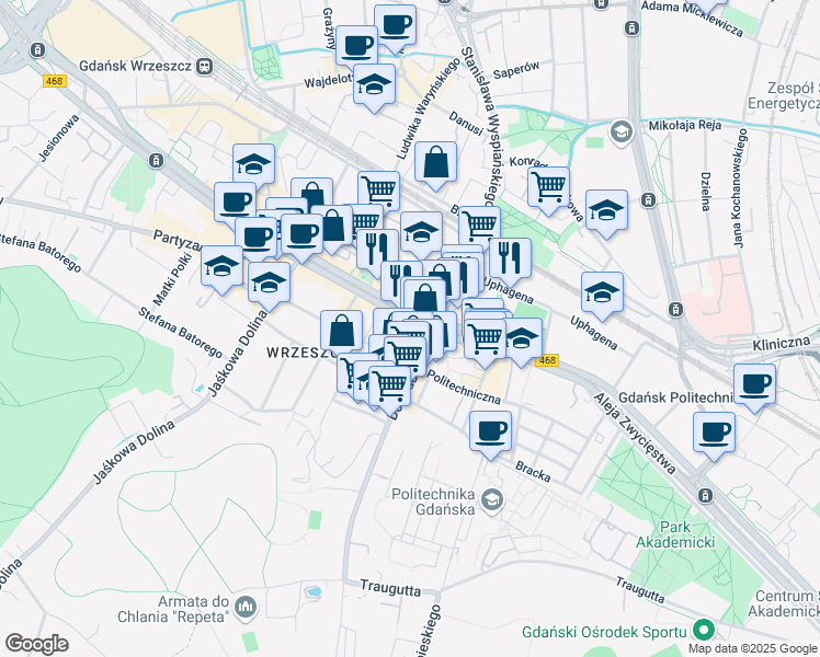 map of restaurants, bars, coffee shops, grocery stores, and more near 46 aleja Grunwaldzka in Gdańsk