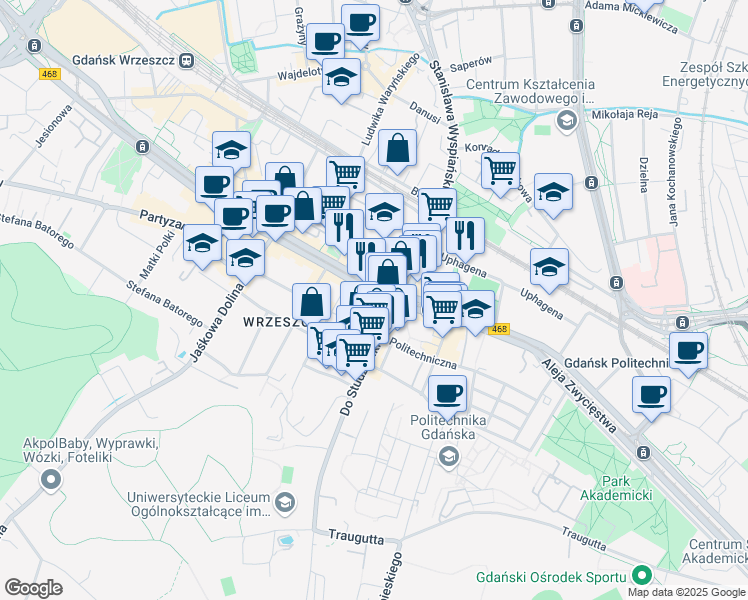 map of restaurants, bars, coffee shops, grocery stores, and more near 46 aleja Grunwaldzka in Gdańsk