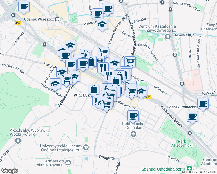 map of restaurants, bars, coffee shops, grocery stores, and more near 50 aleja Grunwaldzka in Gdańsk
