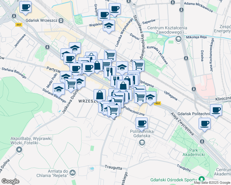 map of restaurants, bars, coffee shops, grocery stores, and more near 50 aleja Grunwaldzka in Gdańsk